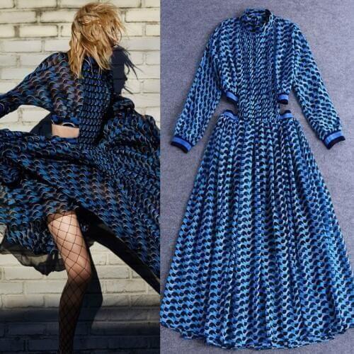 Sexy Print Dress Female Chiffon Stand Neck Hollow Out Lantern Sleeve High Waist Dresses Summer Fashion Women Dress