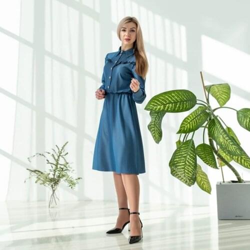 Women Vintage Ruffled Front Button A-line Dress Long Sleeve Stanf Collar Elegant Casual Party Dress 2021 Autumn Fashion Dress