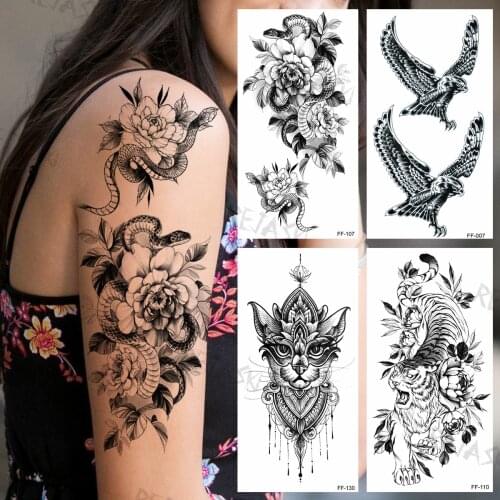 Snake Zinnia Flower Temporary Tattoos For Women Men Realistic Eagle Tiger Kitten Henna Fake Tattoo Sticker Arm Chest Tatoos