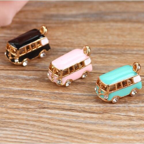5 pcs/Bag Lovely Bus Pendant Jewelry Accessories Rhinestone BRT Car Enamel Charms Gold Tone Oil Drop DIY Bracelet Floating YZ064
