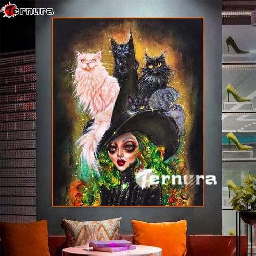 DIY Diamond Painting Witch and black cat Embroidery 5d rhinestone mosaic Diamond needlework cross stitch Cartoon girl room decor