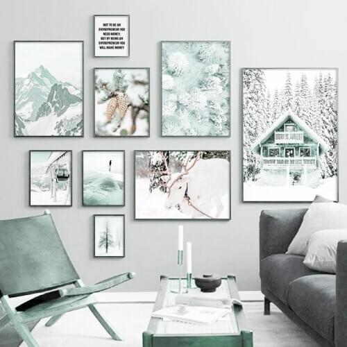 Alps Snow House Scene Mountain Reindeer Wall Art Canvas Painting Nordic Posters And Prints Home Pictures For Living Room Decor