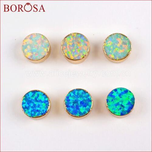 BOROSA 10pcs 8mm Round Gold Color Japanese Opal Side Drilled Beads White/Blue Man made Opal Beads for Bracelet G1563