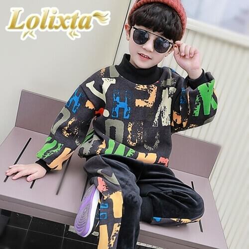 Kids 1-12 years winter warm printed tracksuit set for boys girls toddler baby hoodies sweatshirts teens juniors children clothes
