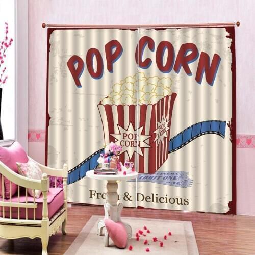 Movie Theater Shower Curtain Fresh and Delicious Pop Corn Film Tickets Blackout Curtains (left and right Double Side)