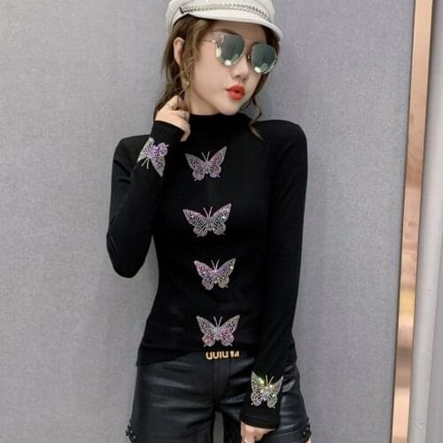 Elegant Butterfly Print Turtleneck Blouses Shirts Streetwear Women Top Sexy Slim Tops Women 2021 Fashion Casual Blusa AA5797