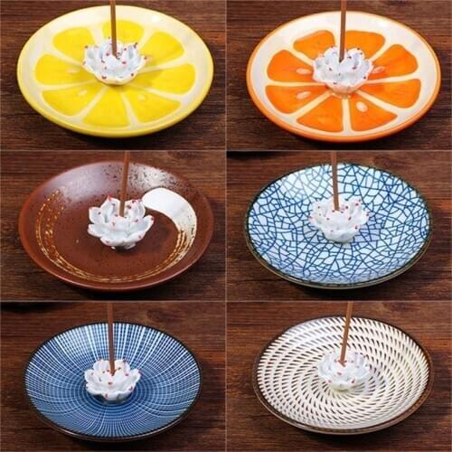 Ceramic Crafts Round Shape Incense Base Dish Aromatherapy Burner Stick Incense Holder with Lotus Decorated Stand Home Decor