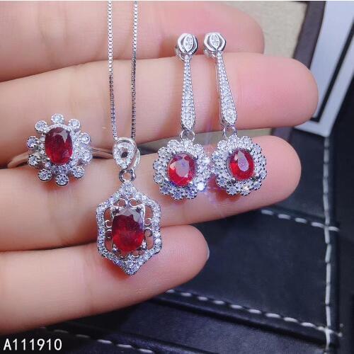 KJJEAXCMY fine jewelry 925 sterling silver inlaid Natural ruby Ring Necklace Earring exquisite Suit Support Detection popular