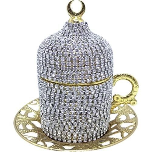 Swarovski Crystal Coated Golden Color Coffee Cup With Its Saucer Lids and Outer Metal Saver