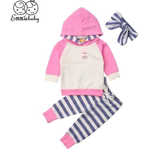 Emmababy Baby Girl Clothes Set Kid Outfit Infant Clothing Newborn Hoodies Striped Pants Headaband 3pcs Children Outfit 0-24M