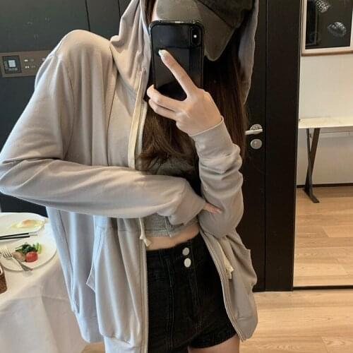 Korean Fashion Loose Jacket Coat Women Casual 2021 Autumn Long Sleeve Pure Color Sport Hoodies Female Zip Up Sweatshirts Y2k