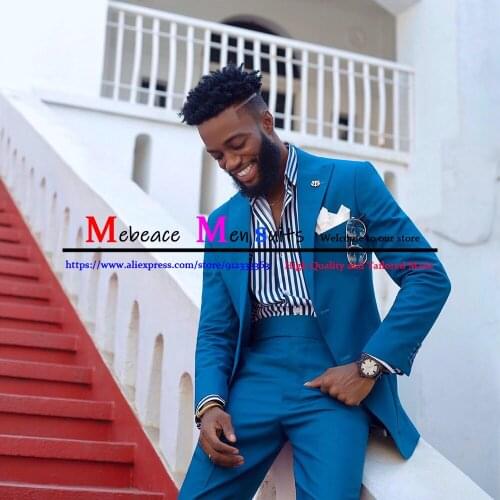 2021 Fashion Sky Blue Men Suits Slim Fit Wedding Groom Tuxedos Blazer 2 Pieces (Jackets+ Pants) Costume Homme Terno Masculino