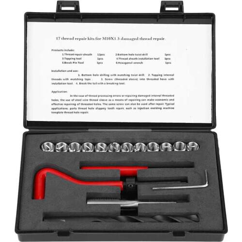 17Pcs Thread Repair Kit Stainless Steel Twisted Drill Tap Wrench Threaded Insert Tool M10x1.5 Metric Threaded