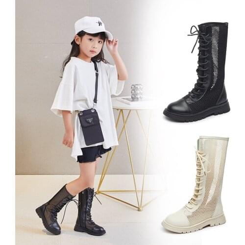 2021 Summer New British Style Childrens Martin Boots Girls' Net cloth Breathable Shoes Fashion High Top Boots 4-15 Years Old