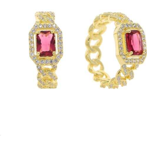 New arrived wide Cuban Chain Shape band Rings with green blue white pink cz paved For Women Men Punk Jewelry wholesale