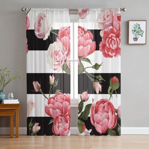 Peony Rose Pink Flower Black And White Stripes Sheer Curtains for Living Room Tulle for Windows Voile Short Bedroom Curtains