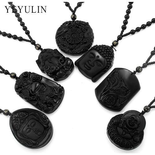 Wonderful Carved Buddha Guanyin Maitreya Lion Black Obsidian Lucky Blessing Pendant Necklace Jewelry For Woman Men