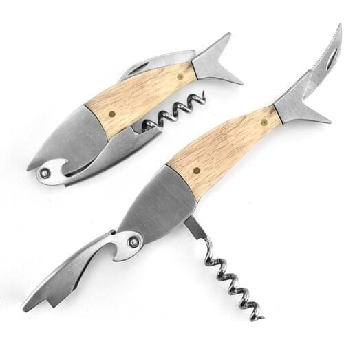 Cute Fish Shaped Wine Opener Wood Handle Professional Metal Openers Multifunction Portable Screw Corkscrew Wine Bottle Opener