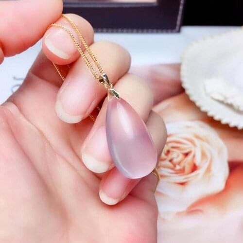 Luxurious big 18k yellow gold 13*25mm water drop natural ross quartz necklace natural Pink citrine pendant woman party jewelry