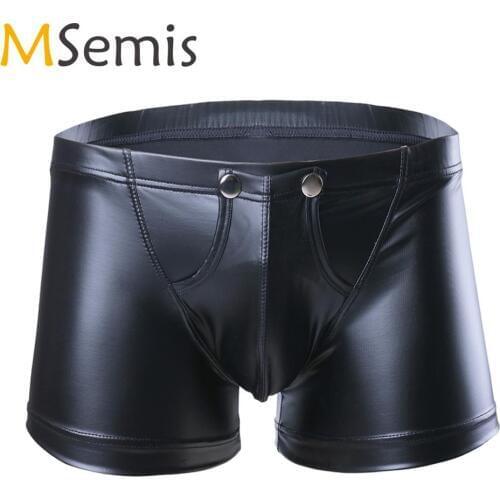 Sexy Men Lingerie Low Waist Faux Leather Boxer Shorts Erotic Open Front Bulgh Pouch Mini Pants Underwear Male Gay Hot Underpants
