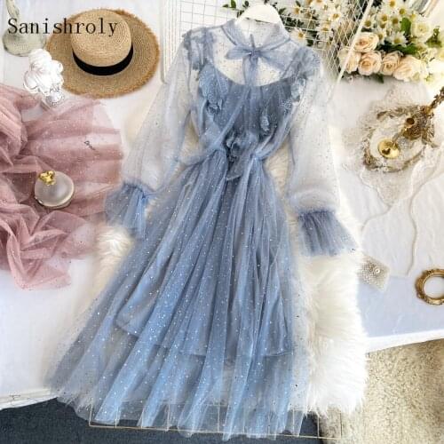 Sanishroly 2021 Chic Women Sequins Mesh Dress Sweet High Waist Tie Bow Ruffle Lace Dresses Ladies Pleated Long formal Vestidos