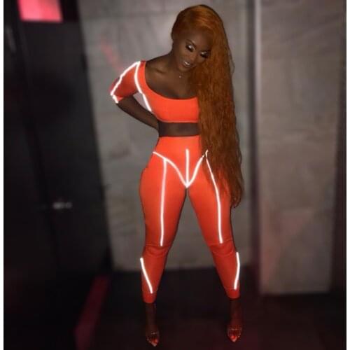 Trendy Sweat Set Fluorescence Striped Gymwear Long Sleeves 2-Piece Sportwear Luminous Crop Top Leggings Skinny Women Pants