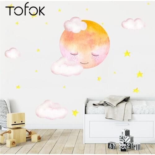 Tofok Watercolor Moon Clouds Wall Stickers Kindergarten Children Room School Layout Decorative Wallpaper Home Dorm Mural Decals