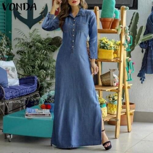 VONDA 3 Colors Women Vintage Long Sleeve Solid Long Maxi Dress Autumn Casual Lapel Collar Bohemian Vestidos Oversized Sundress