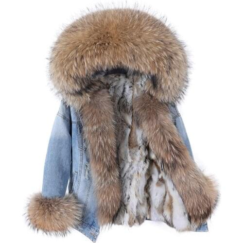 Maomaokong denim Jacket Parka Winter Women Parkas Real Fur collar Coat Natural Raccoon Fur Hood Real Rabbit Fur Liner Luxury