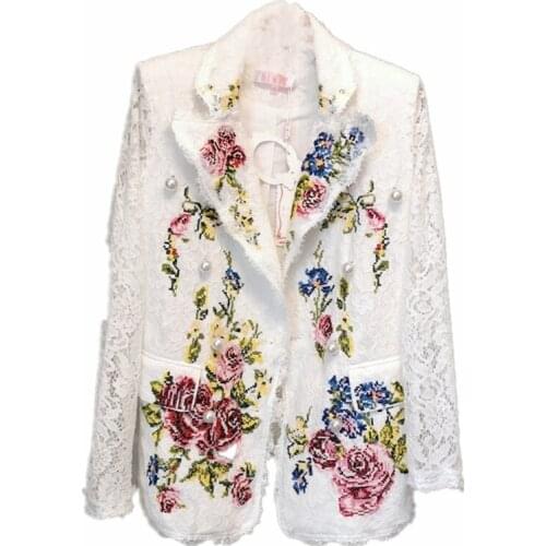 High Quality Fashion Designer Runway Coats Spring Jacket Womens Long Sleeve Flower Embroidery Lace Outerwears Vetement Femme