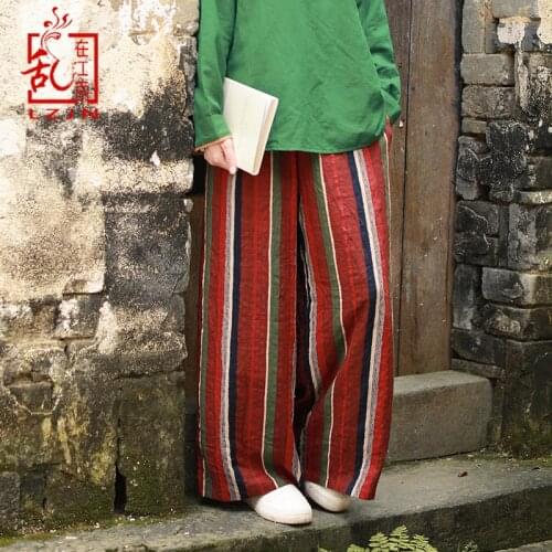 LZJN 2019 Autumn Wide Leg Pants Multicolored Long Striped Trousers with Pockets Elastic High Waist Vintage Palazzo Pants Women