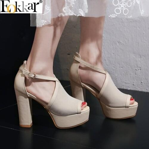 Eokkar 2019 Platform Shoes Women Square High Heel Peep Toe Thick Heel Ladies Pumps Buckle Strap Black Shoes For Women Size 34-42