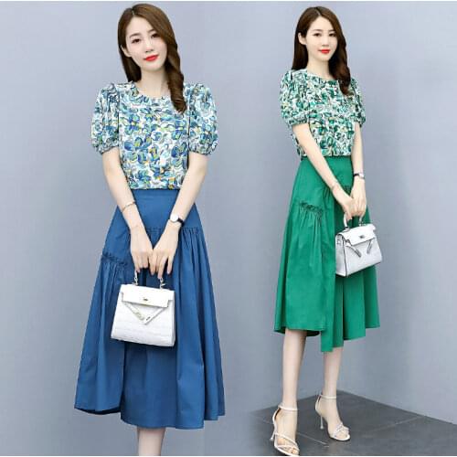 Floral Top And Skirt Summer 2021 Trendy Oil Painting Puff Sleeve Retro Shirt + High Waist Temperament Skirt Two Piece Set zh1248