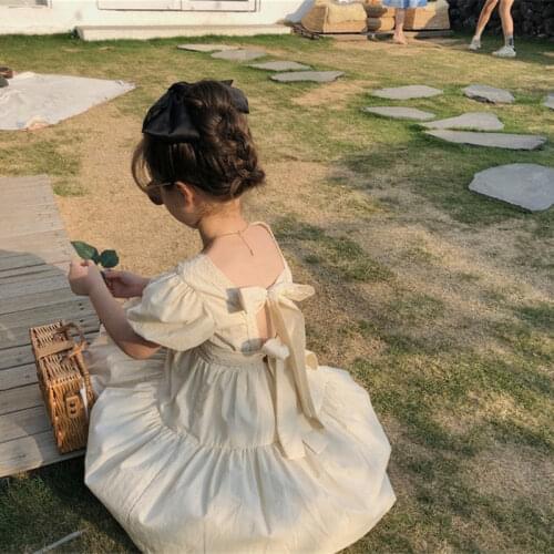 Girls Beige Dress Summer Temperament Lace Square Collar Backless Princess Dress 3-9 Years Children Daily Casual Clothes Outfits