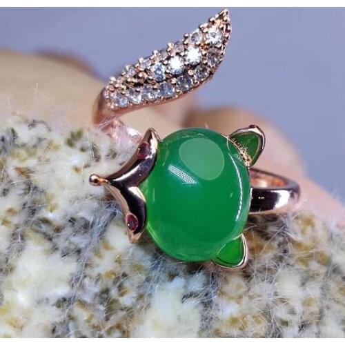 Boutique Green Jade Ring Hand Carved Genuine Natural Jade Ring Fashion Jewelry Womens 925 Silver Inlaid Ring Opening Adjustable