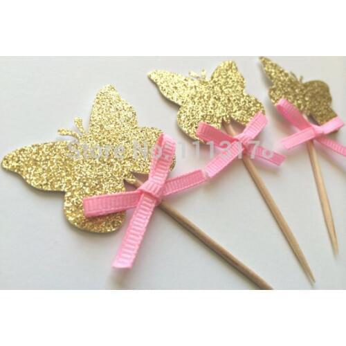 Gold Glitter Butterfly Cupcake Toppers with Bright Pink Bow Garden Party Decor. picks Birthday wedding bridal baby shower