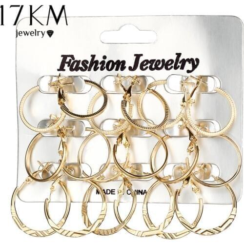 17KM Geometric Round Punk Hoop Earrings Set For Women Girls Gold Silver Color Twist Earring Party Jewelry Gift 9 pair/lot