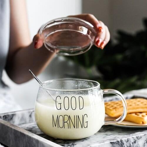 350ml Simple Letter Printed Glass Mug Milk Cup Round Fun Breakfast Cup with Lid and Handle Anti-scalding Explosion-proof