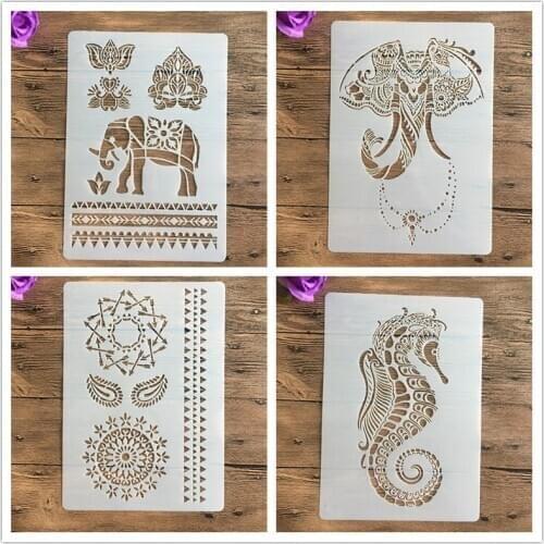 4pcs / set A4 Mandala elephant seahorse Stencils Painting Coloring Embossing Scrapbook Album Decorative Template stencil