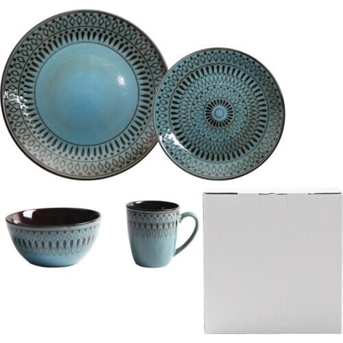 4pcs/set Factory direct sale Ceramic Bowl Plate Cup tableware set dish plate retro home steak plate Salad Bowl milk Mug