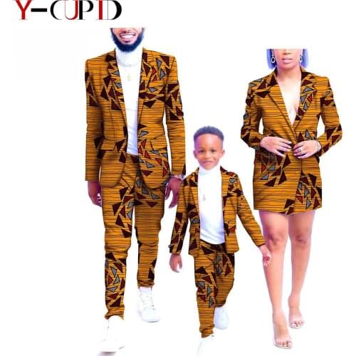 African Clothes for Family Boys Men Blazer Jacket and Pants Sets Women Dresses Formal Suit Dashik African Style Clothing Y20F001