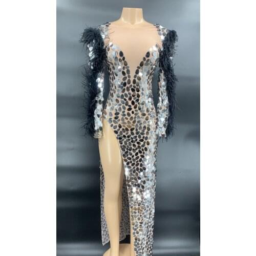 Sparkly Silver Sequins Black Feather Sleeves Long Dress Birthday Celebrate Transparent Costume Dress Women Dancer Dresses