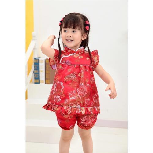 2019 New Summer Floral Qipao Childrens Sets New Year Chinese baby girls dresses short pants cheongsam outfits