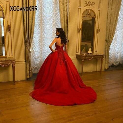 Elegant Red Ball Gown Prom Dresses 2021 Sweetheart Spaghetti Lace Applique Beading Long Formal Evening Wear Luxury Dubai Gala