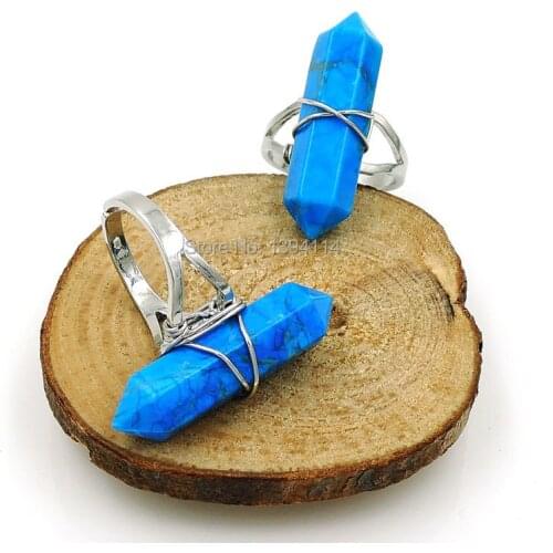 Blue Calaite Hexagonal Column Double Points Ring With Wire Wrapped Of Plating Gold And Silve r Approx 32*9 mm