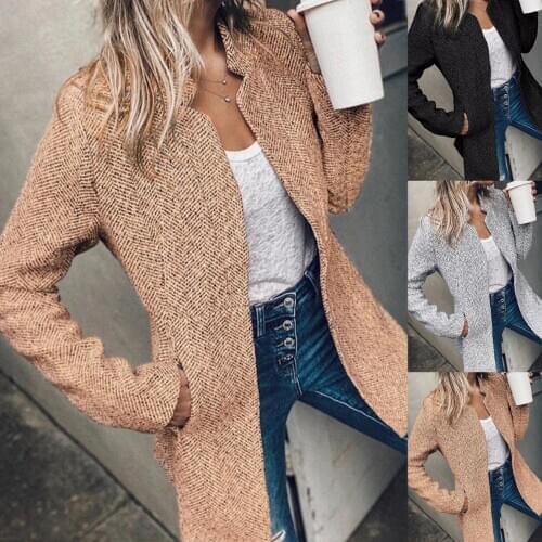 Autumn Winter Women Open Front Thick Slim Coat Mid-length Faux Wool Stand Collar Long Sleeve Jacket Black Khaki Female Outwear