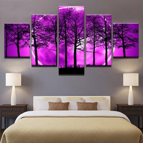 Canvas Room Home Decor Pictures 5 Pieces Purple Moon Night Psychedelic Forest Painting Wall Art Trees Poster Unframed