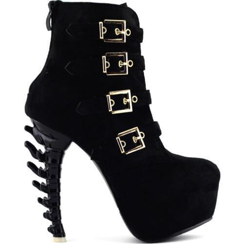 LF80617 Lady Black/Pink/Blue Buckle Strap Bone Heel Ankle Boots Pump