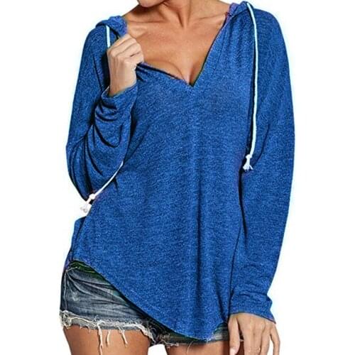 Manubeau Women Casual Solid Color Hoodies Ladies New Winter Autumn Sexy V-neck Sweatshirt Long Sleeve Loose Tops Jumper Pullover