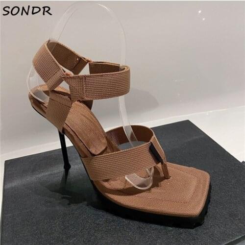 Fashion Summer Brown Sqaure Toe Woman Sandals Sexy Ladies High Heels Gladiator Sandals Luxury Designer Ankle Strap Party Shoes